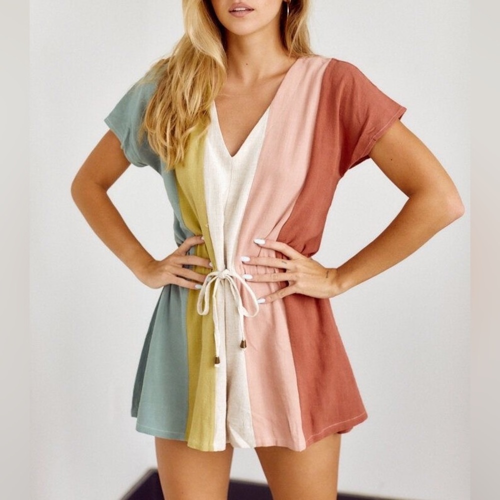 Linen Blend Boho Stripe Colorblock Coastal Romper - image 2
